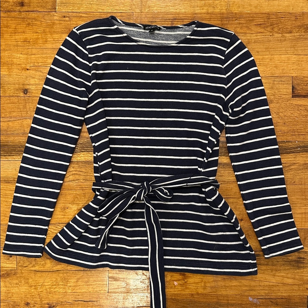 JCrew Navy and White Striped Long Sleeve Top